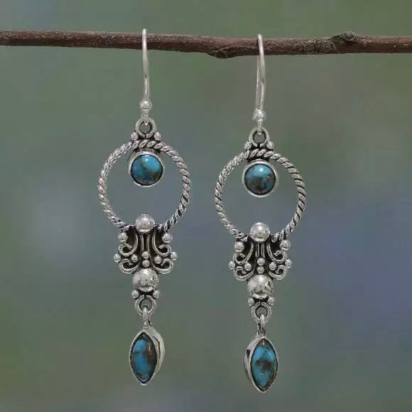 925 Vintage Turquoise Boho Earrings - Picture 2 of 9